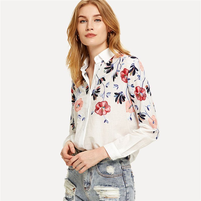 Blancas Manga Top 2018 Camisas Larga De Floral Bordado Botón Compre x4ROqwIPn