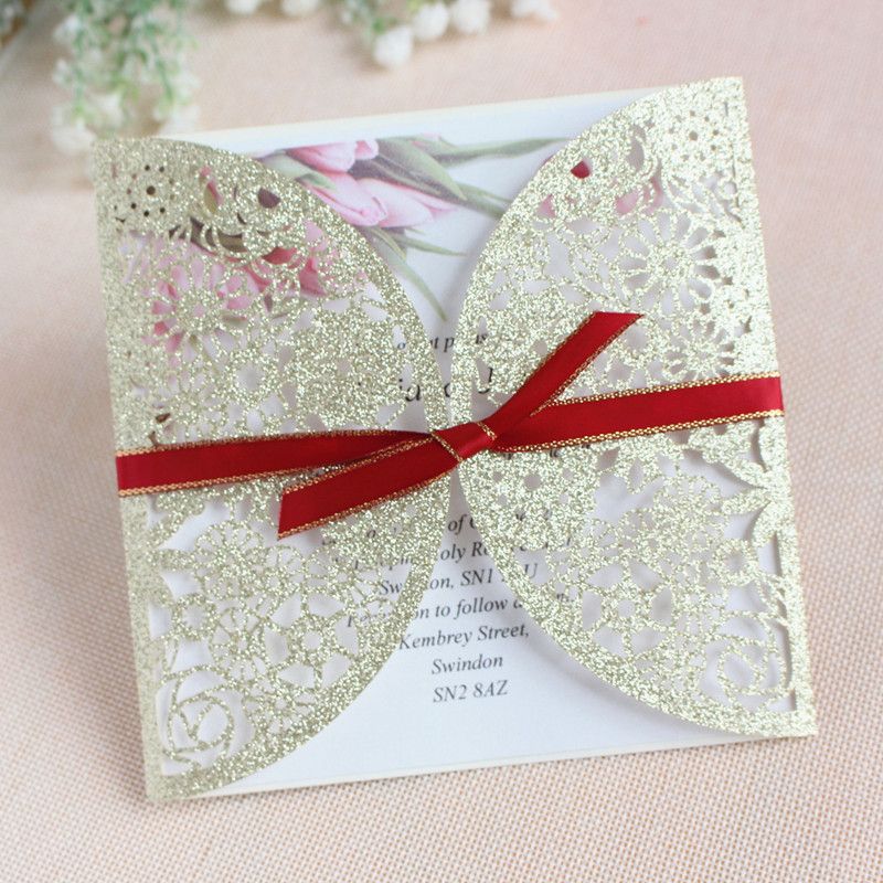 Glittery Gold Laser Invitations Country Floral Folded Bling Wedding