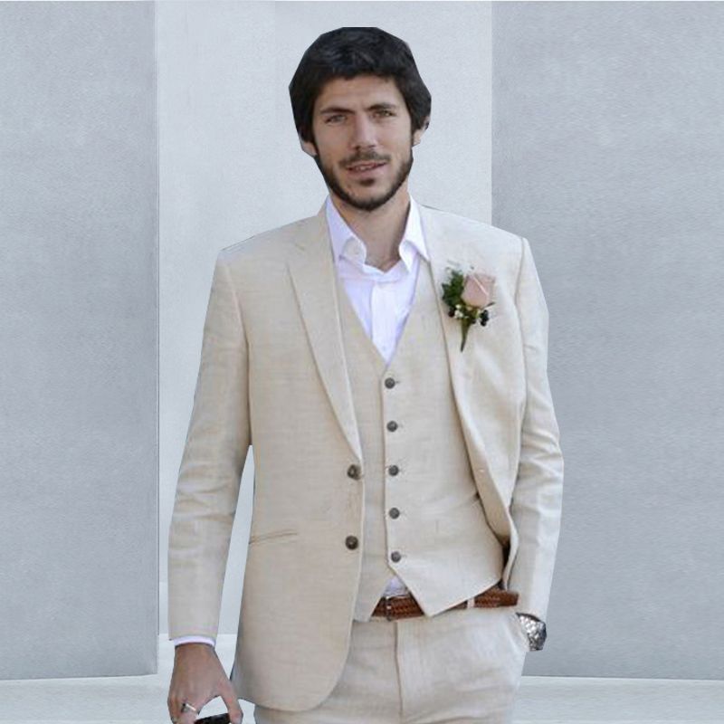 Custom Beige Linen Men Suits 2018 Beach Wedding Groom Tuxedos Jacket