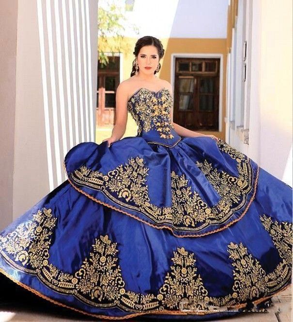 gold and blue quinceanera dresses