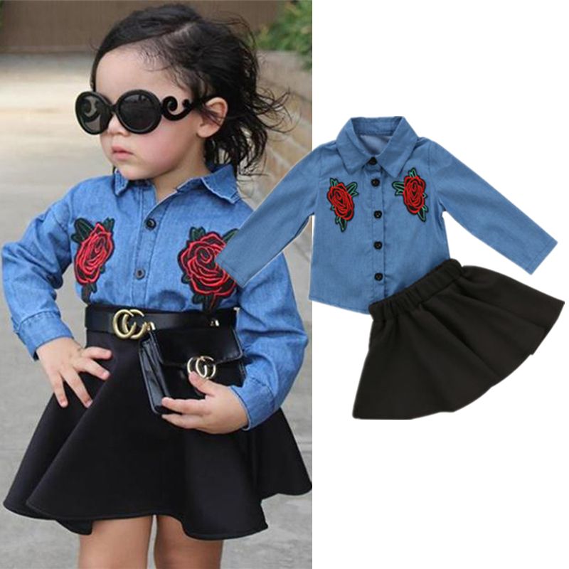 2019 Kids Baby Girls Dresses Outfit Floral Denim Shirt Tops +Tutu Black