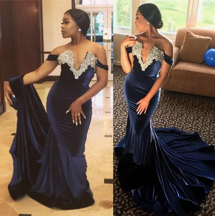 Compra Nuevo Estilo Azul Marino Con Cuentas Cuello Tapando Sirena Vestidos  De Noche Largos Fuera Del Hombro Sexy Baile Vestido Cola De Pez Tren Fiesta  Formal Chica Negro Barato | Entrega Rápida
