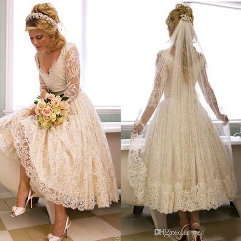 compre vestidos de novia con cuello en v de encaje vintage de los