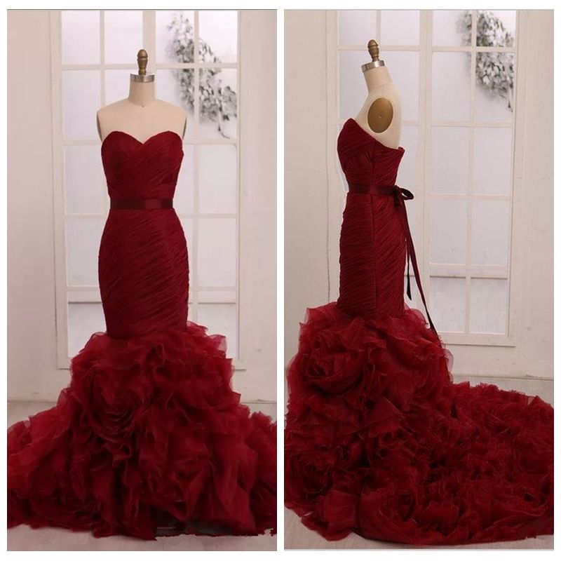 2019 Burgundy Wine Red Mermaid Wedding Dresses Surplice