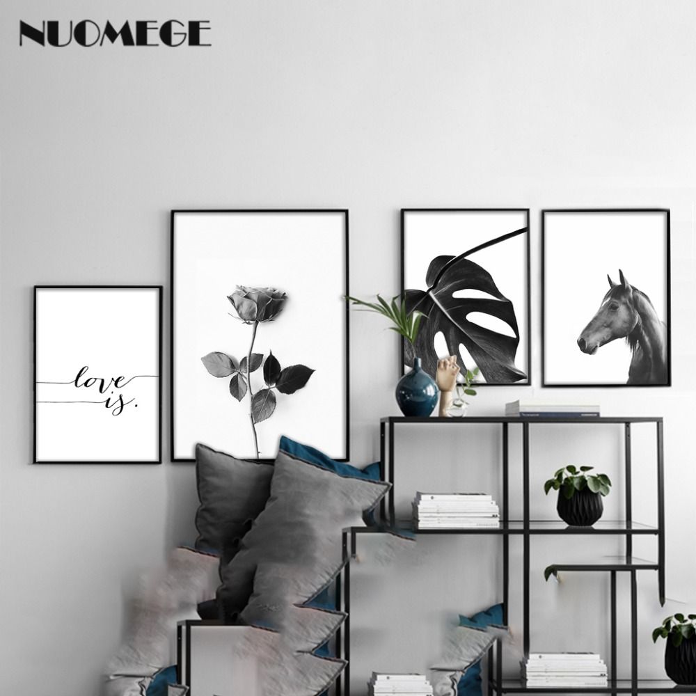2019 Black And White Horse Flower Wall Art Canvas Poster Print 2019 Black And White Horse Flower Wall Art Canvas Poster Print Nordic Style Love Simple Painting Picture For Living Room Decor From Serlima