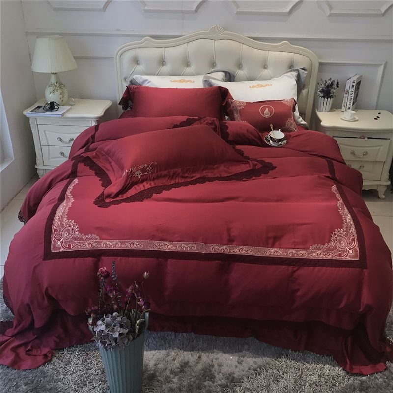 Dull Red Tencel Embroidery Bedding Set Lace Duvet Cover Satin Bed Dull Red Tencel Embroidery Bedding Set Lace Duvet Cover Satin Bed Linen Sheet Pillowcases King Queen 4 Sets Clearance From