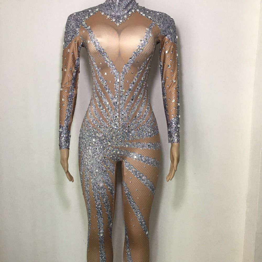 2019 Bright Rhinestones Long Sleeves Jumpsuit Sexy Stones Leggings