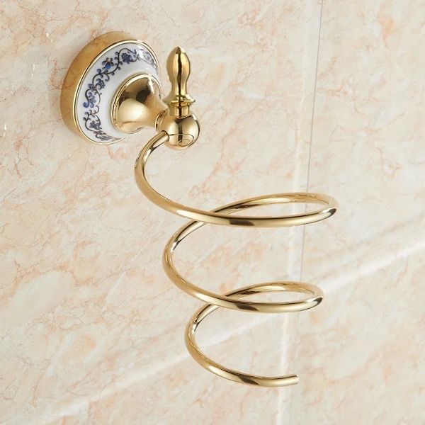 Gold Polished Brass Blower Rack Hair Dryer Holder Storage Bath Organizer Hanger