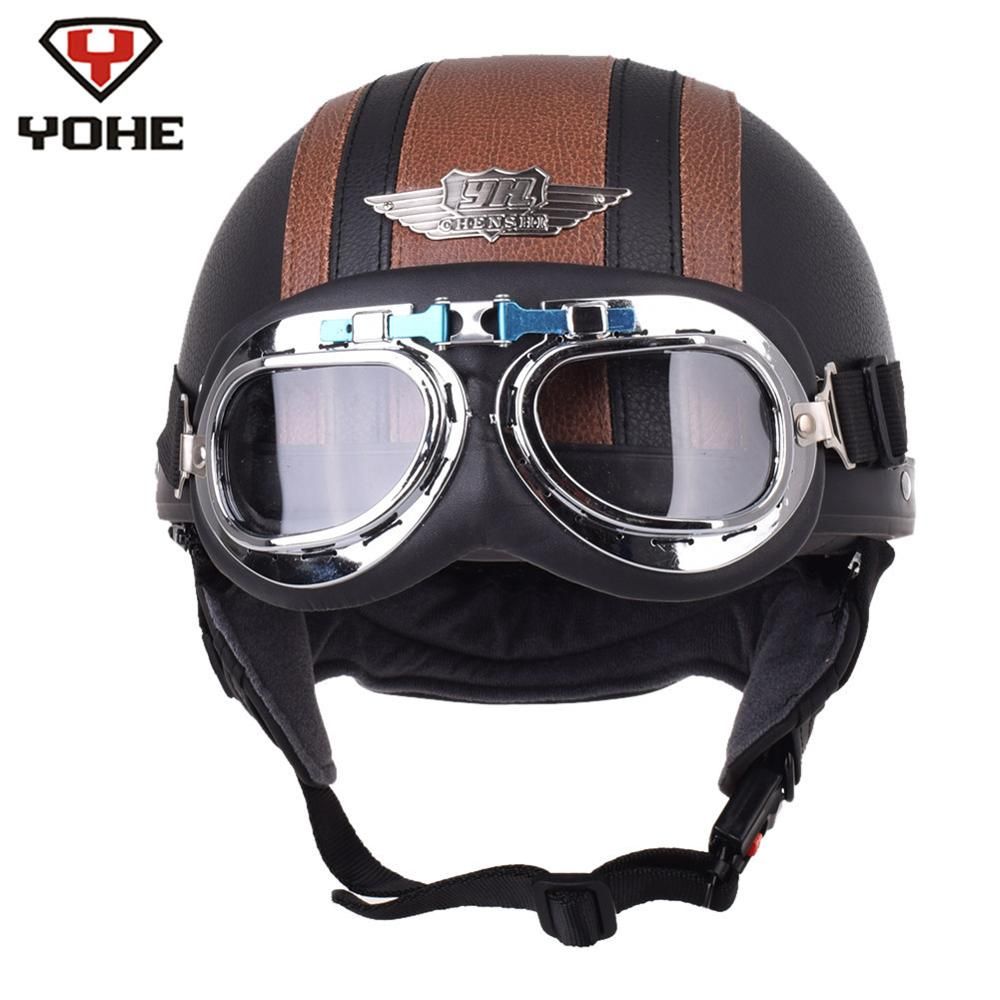 Acheter Yohe Retro Cuir Pilote Moto Casque Aviateur Demi Casques