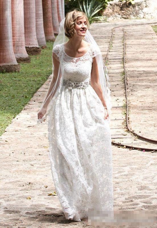 Discount Modet White Full Lace Cheap Country Wedding Dresses Scoop