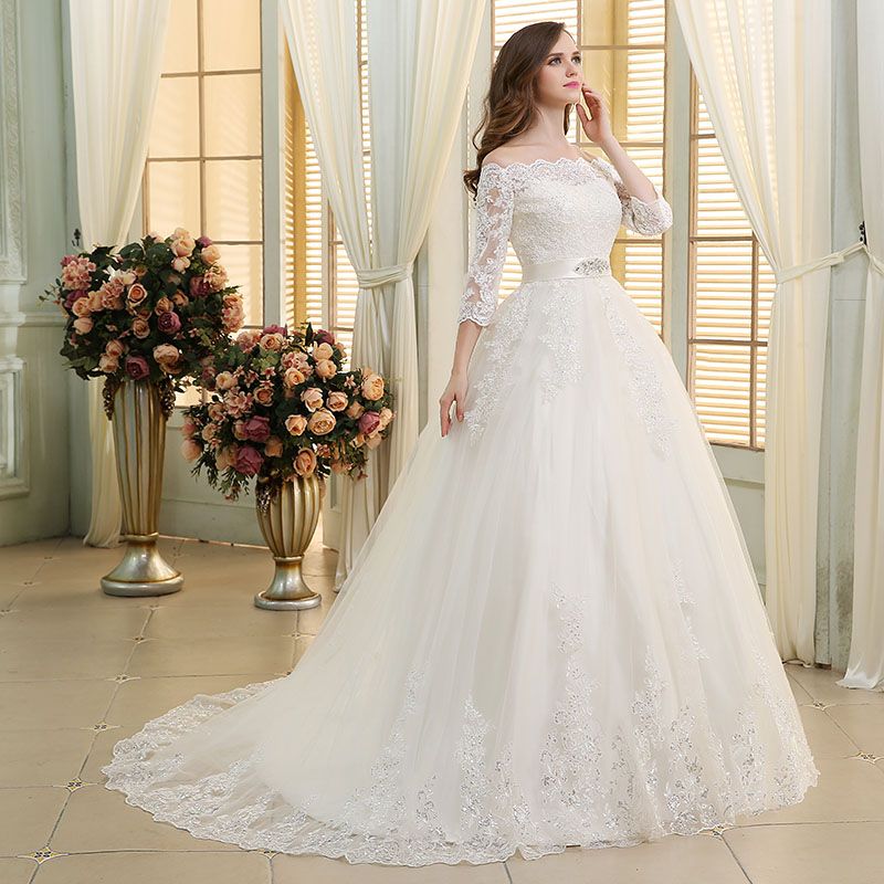 Real Photos Classic Ball Gown Wedding Dresses 3 4 Long Sleeve Elegant