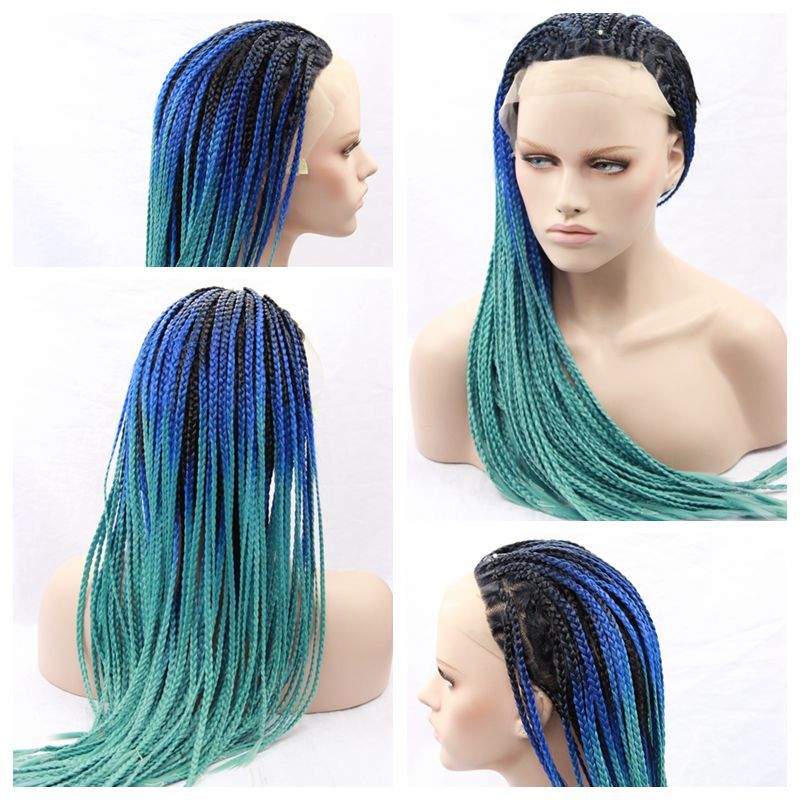 Hot Sexy Ombre Blue Green Synthetic Braided Lace Front Wigs Half