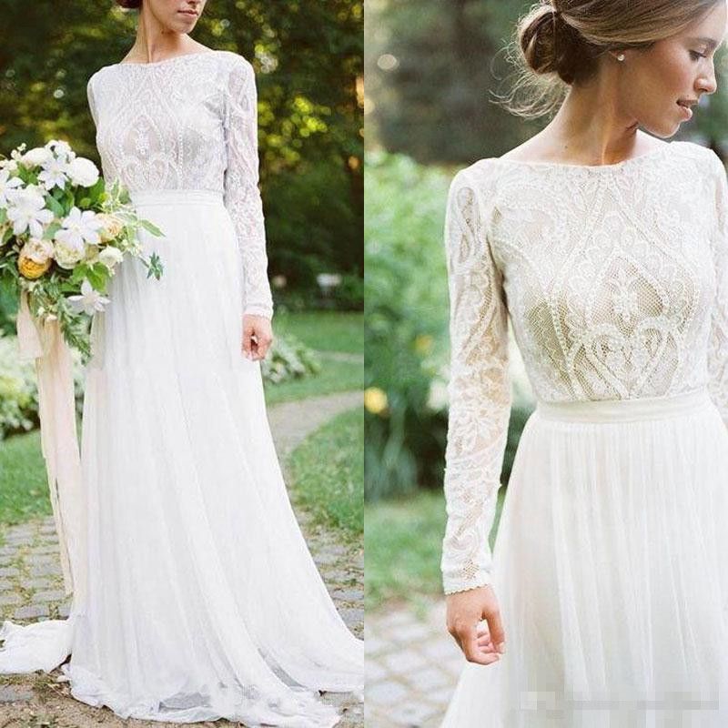 Discount Vintage France Lace A Line Boho Wedding Dresses 2018 Long