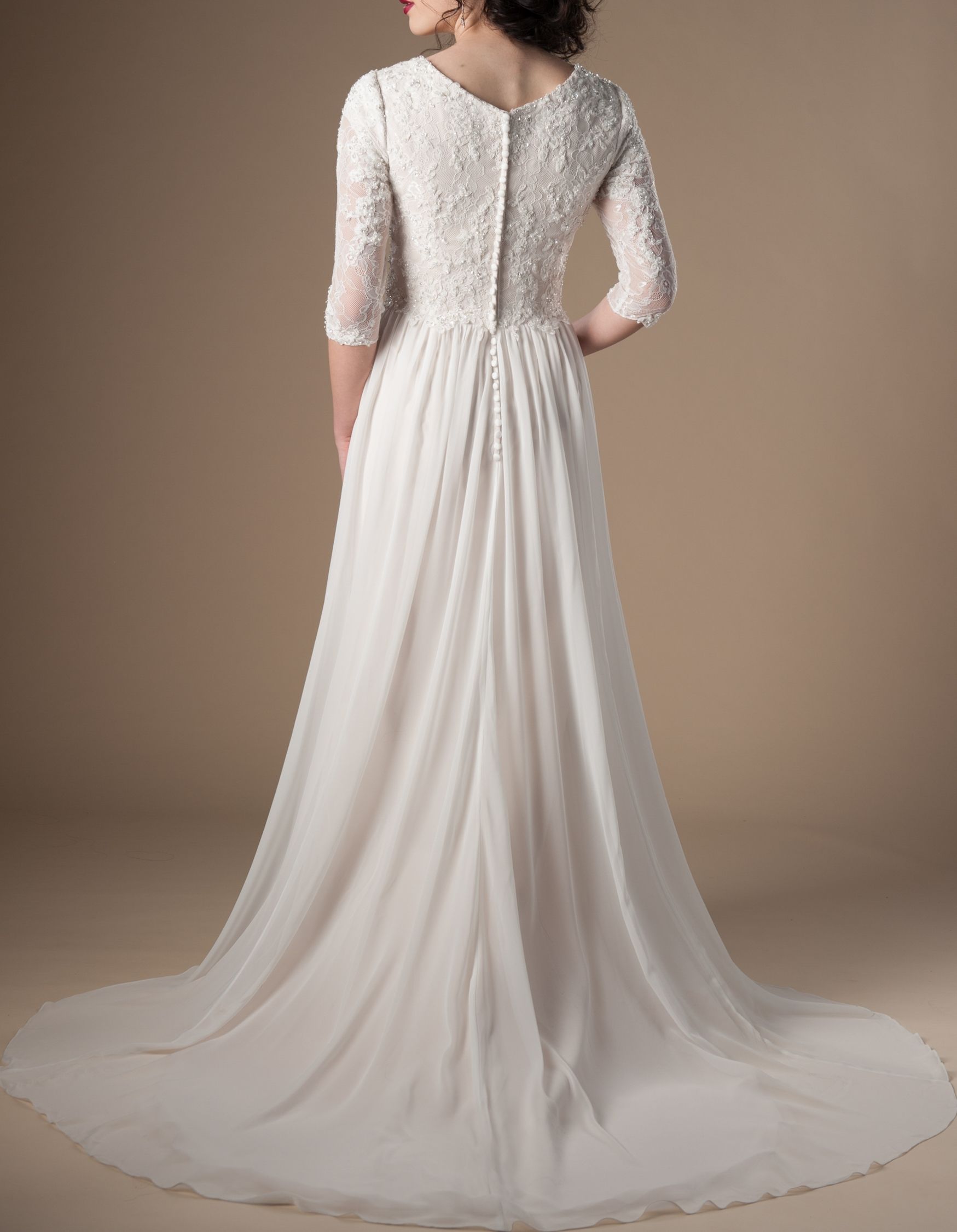 Modest Champagne Country Wedding Dress Bohemian Boho 3/4 Sleeves Bridal Gown 