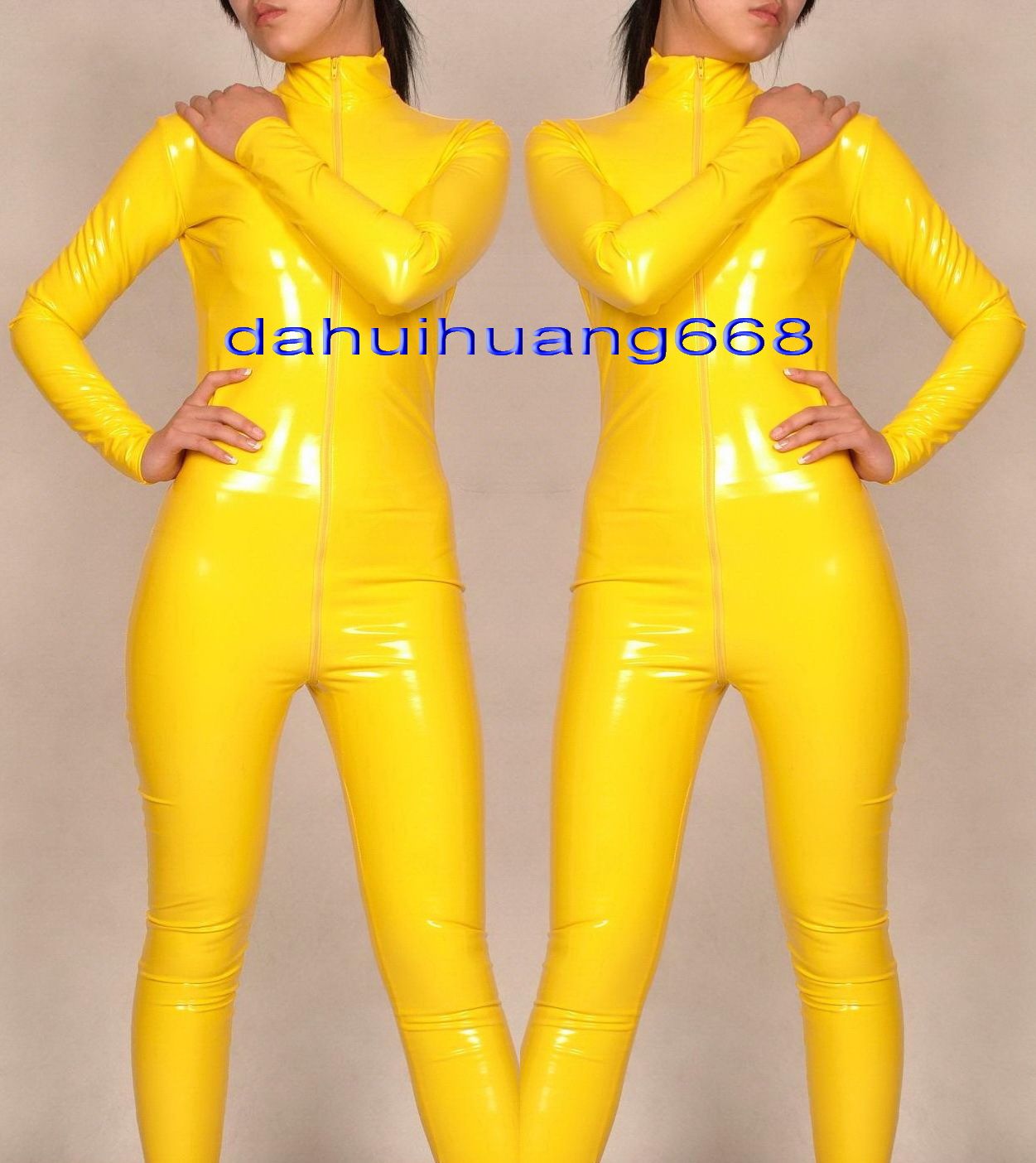 2020 Yellow Shiny PVC Suit Catsuit Costumes Unisex Shiny Yellow PVC