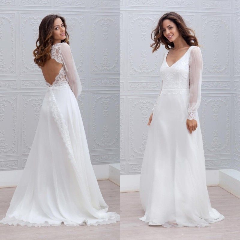 Discount Summer Beach Style Long Sleeve Wedding Dresses V Neck A