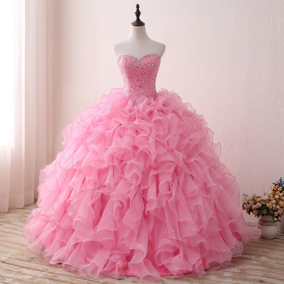 pink ruffled quinceanera dresses