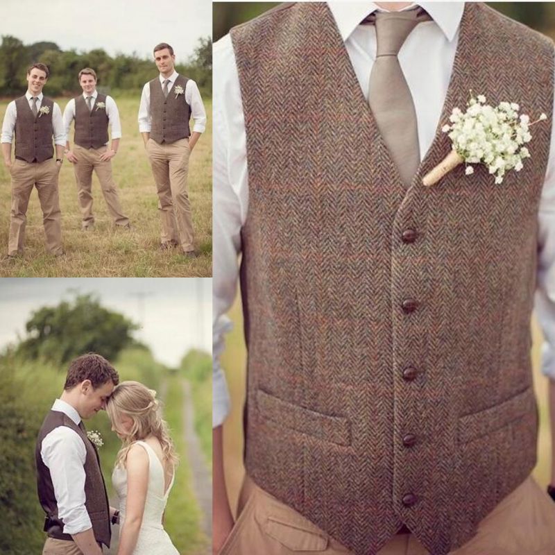 Groom Vests Country Farm Wedding Brown Wool Herringbone