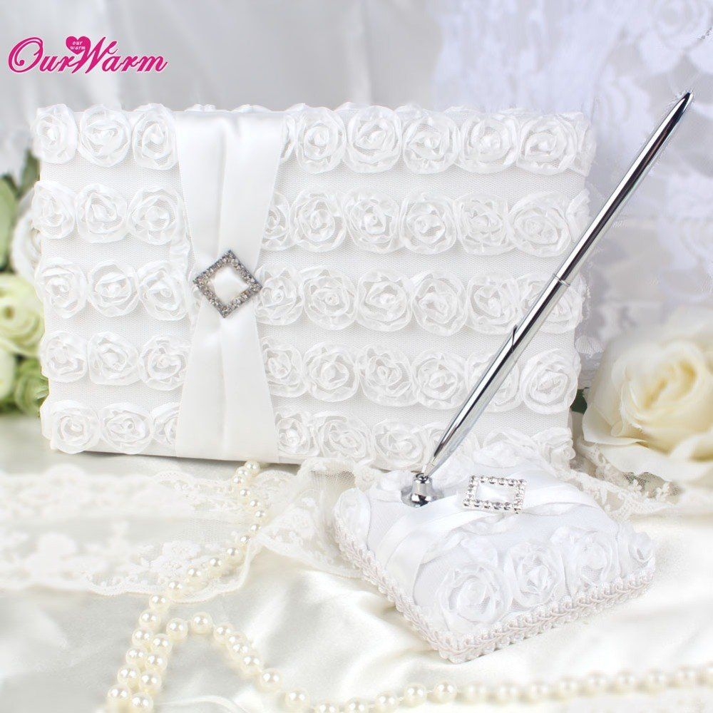 Wedding Decoration Sets Satin Fabric White Rose Wedding Guest Book