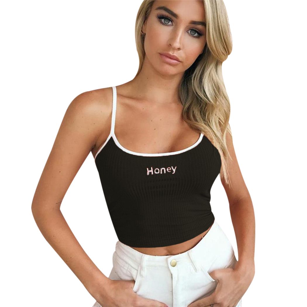 Sexy Women Crop Top 2018 Summer Honey Letter Embroidery Strap Tank Tops 