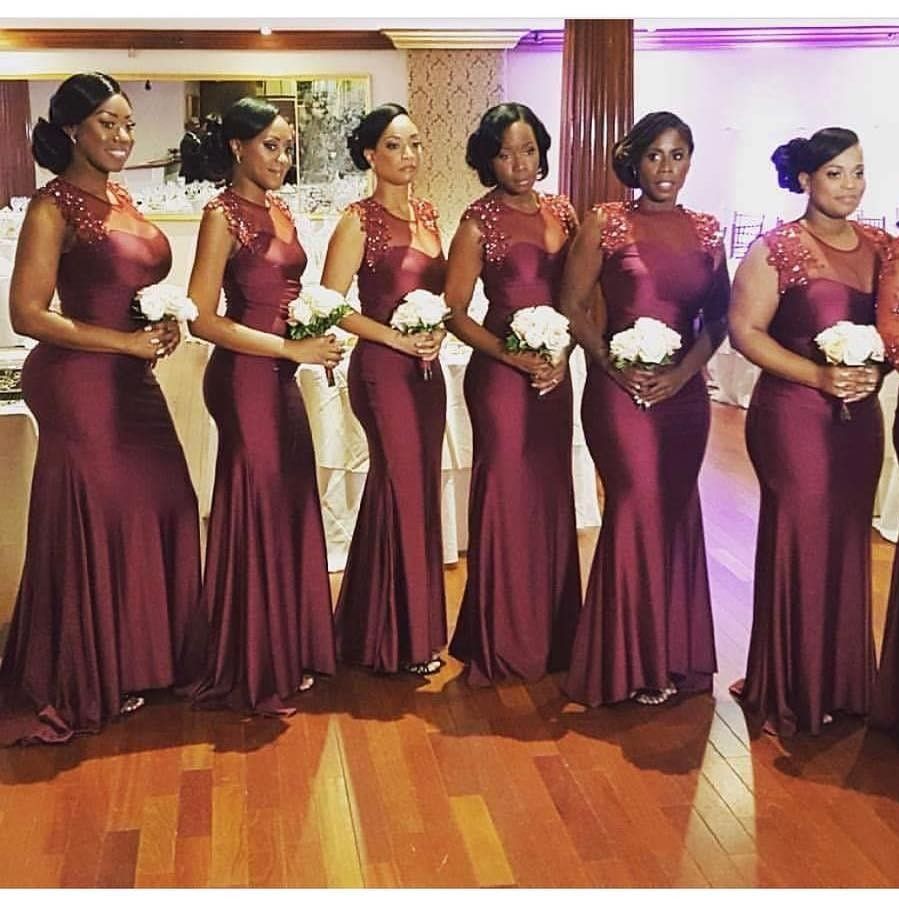 2018 African Long Bridesmaid Dresses Burgundy Sheer Neck Sleeveless ...