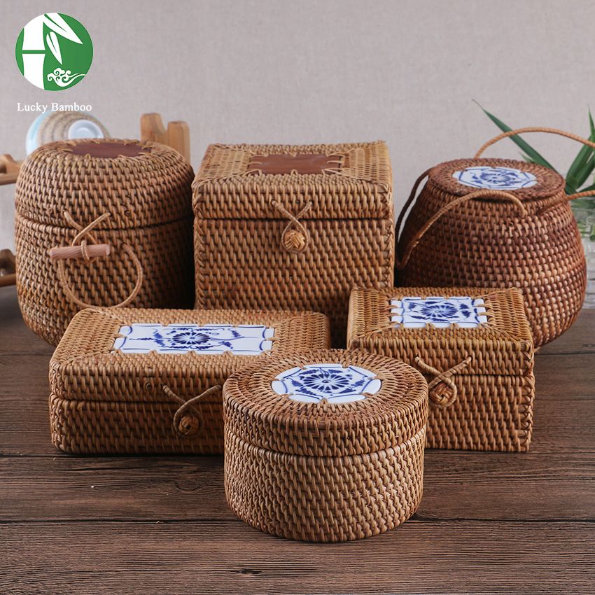 2019 Rattan Storage Box With Lid Square And Round Hand Woven Jewelry 2019 Rattan Storage Box With Lid Square And Round Hand Woven Jewelry Organizer Wooden Bins For Sundries Puerh Vintage Gift From Sophine09