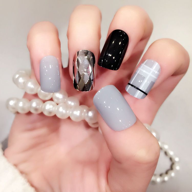 Punk Fake Nails Metal Color Mix Chic Long False Nails Grey Square Punk Fake Nails Metal Color Mix Chic Long False Nails Grey Square