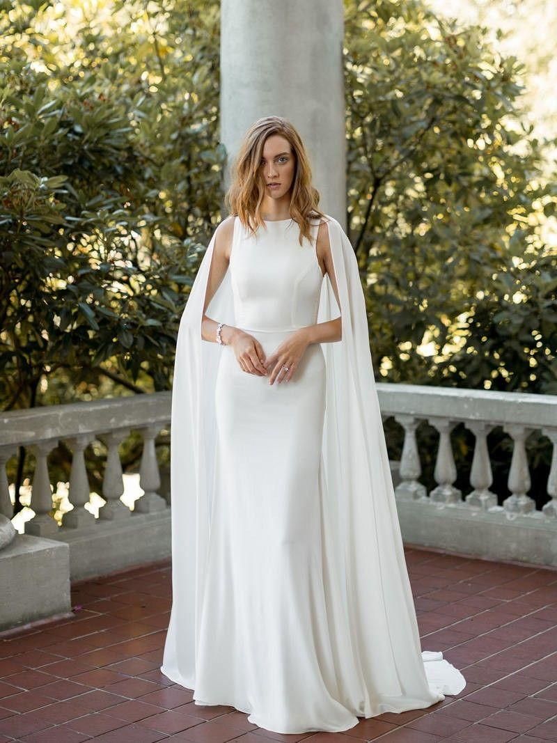 Robes De Mariée Sirène Blanche Simple Avec Wrap Jewel Cou Sans Manches Balayage Train Robe De Mariée Mariage Longue En Satin