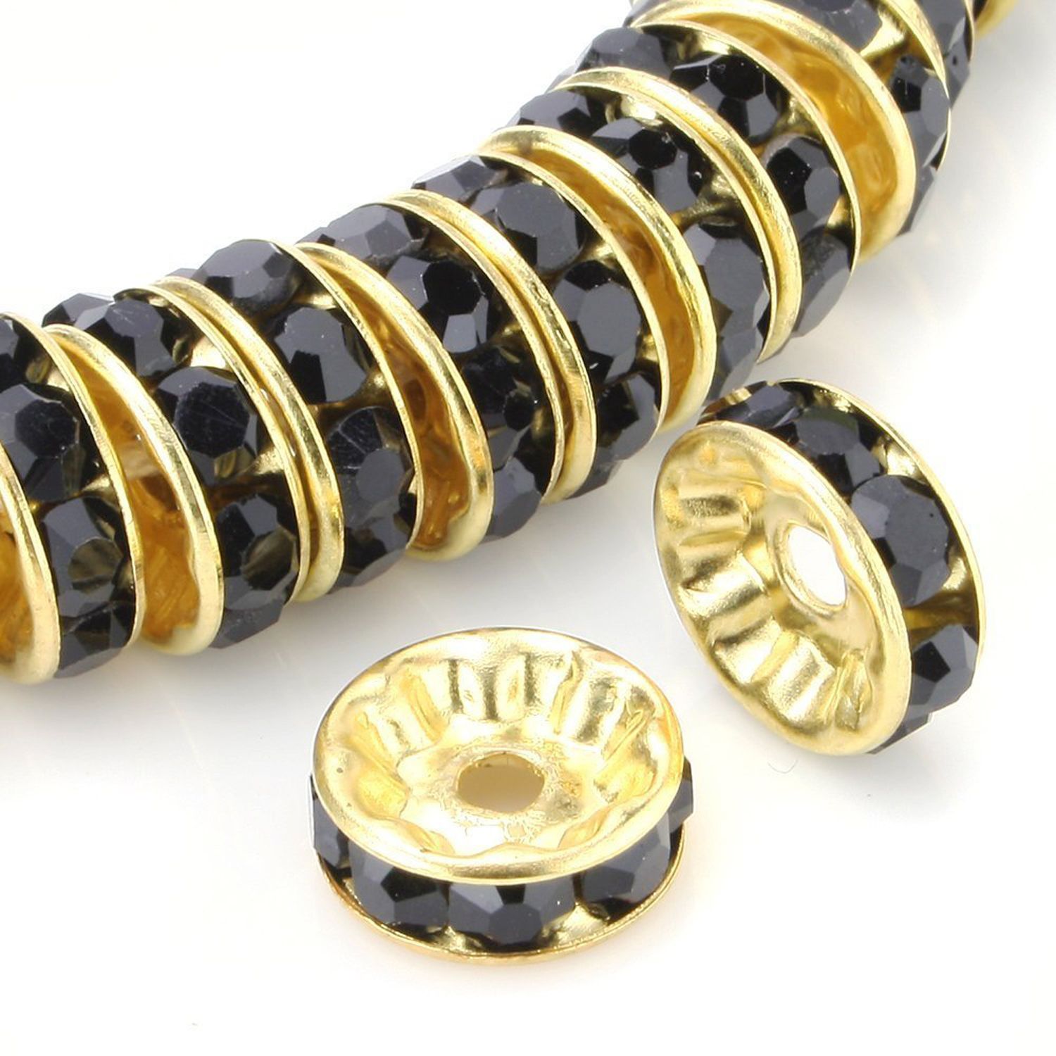 2020 Crystal Rhinestone Rondelle Spacer Beads Loose Bead Gold Tone Jet Black Czech Crystal Charm
