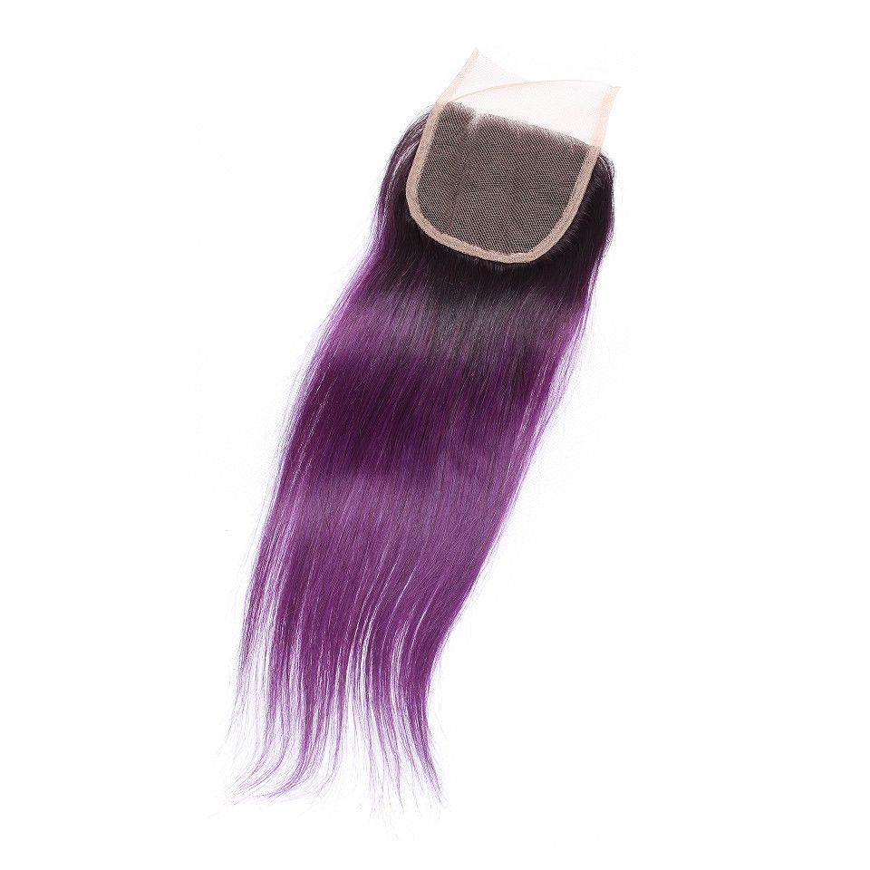 Lila Ombre Glattes Haar 3Bundles Mit 4 * 4-Spitze-Schliessen Lila Ombre Haar spinnt mit Spitze Schließung / Malaysian Jungfrau-Menschenhaar