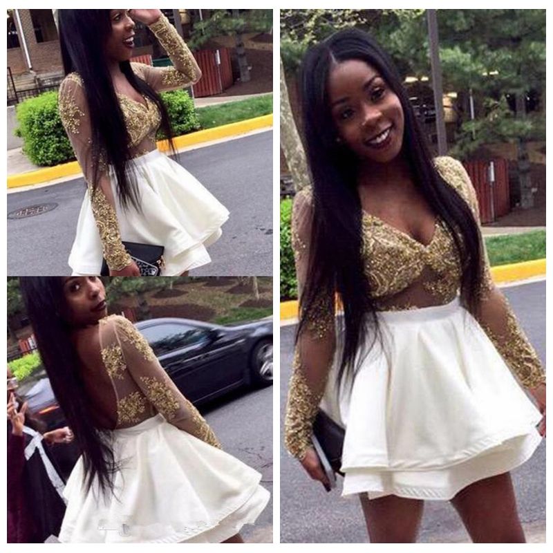 Black Girls Long Sleeves Cocktail Dresses 2018 V Neck Short Prom Dress