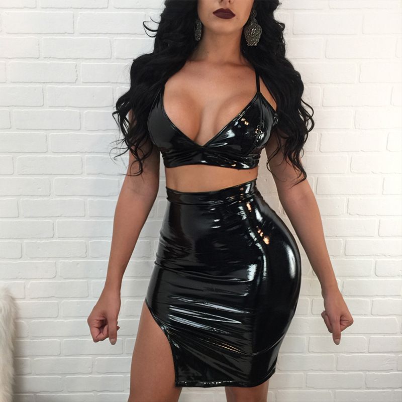 black leather two piece set
