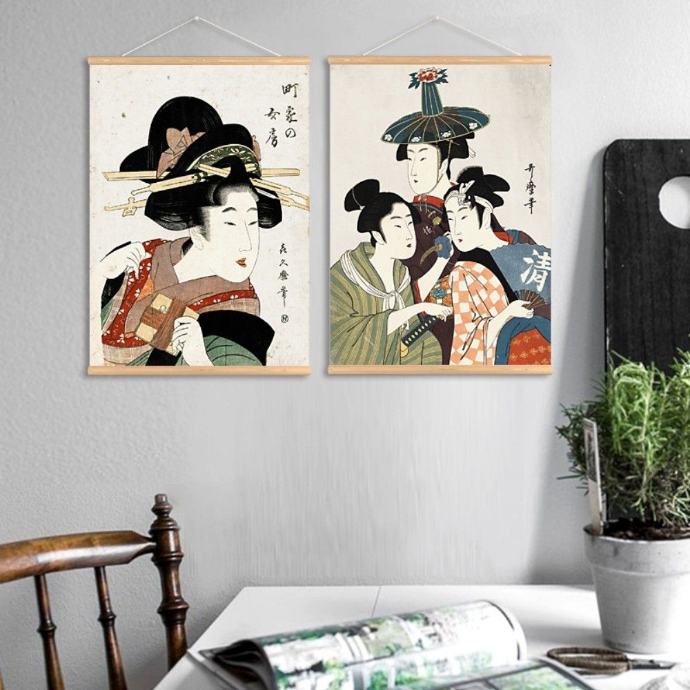 2019 retro japanese style traditional professional ukiyoe pattern wall art paintings canvas print with wooden hanger for home bathroom decoration from