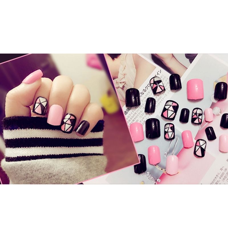 Black Hot Pink Acrylic Nail Tips Short False Nails Art
