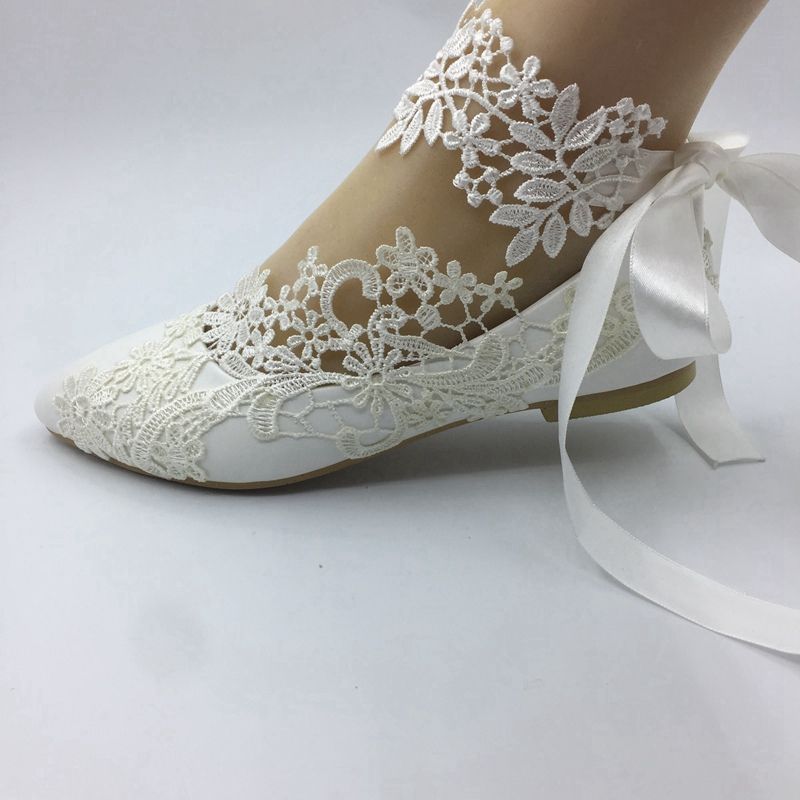 2020 Handmade Women White Ribbon Wedding Shoes Flat Ballet Lace Flower ...