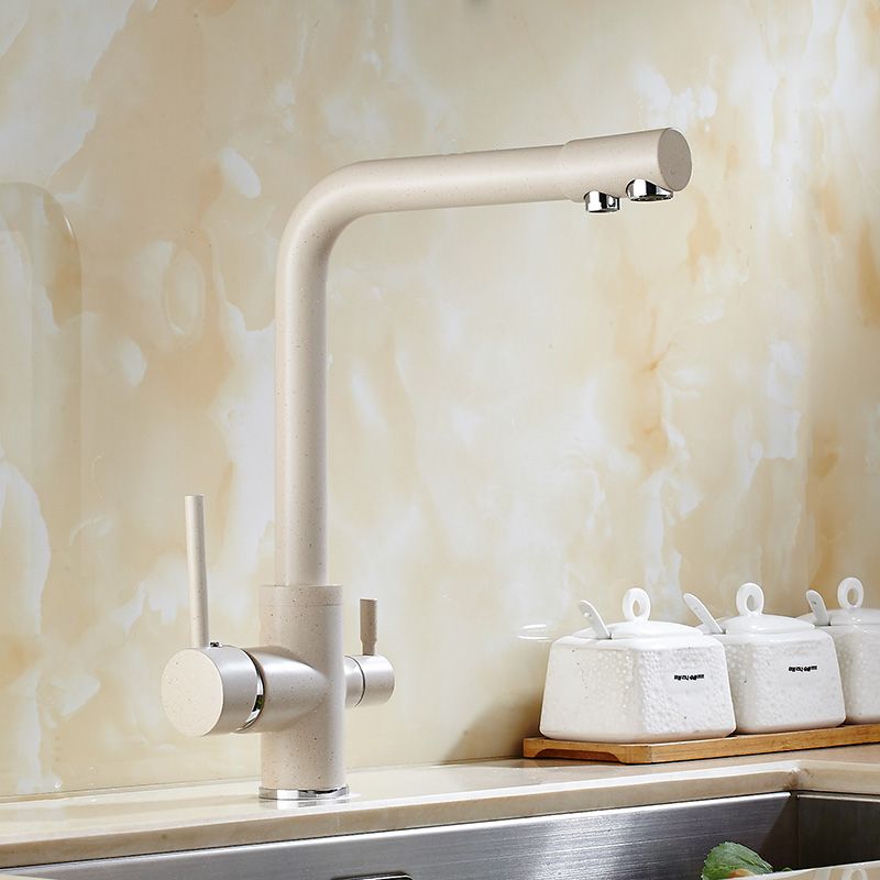 Solid Brass Beige White Kitchen Faucet Double Spout Drinking Water Filter Tri Flow Tap For Sink