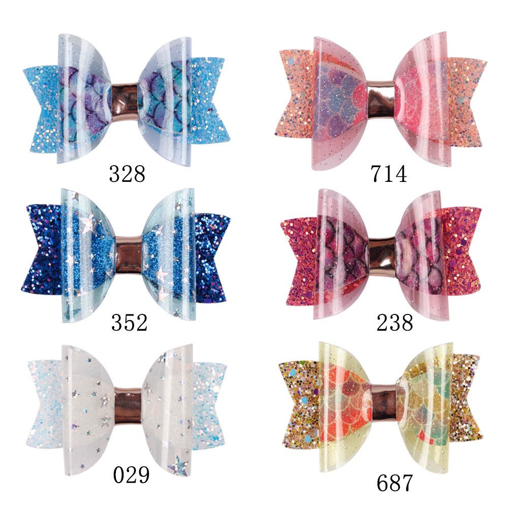3/" Girls Cute Glitter Stars PVC Fabric Hair Bow Hair Clip Bling Mermaid Hairgrip