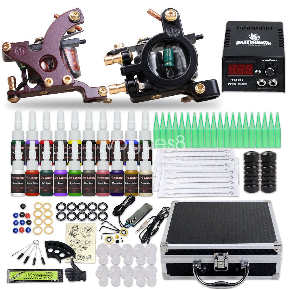 Complete Tattoo Kits 2 Machines Guns Inks Set Tattoo Power Supply