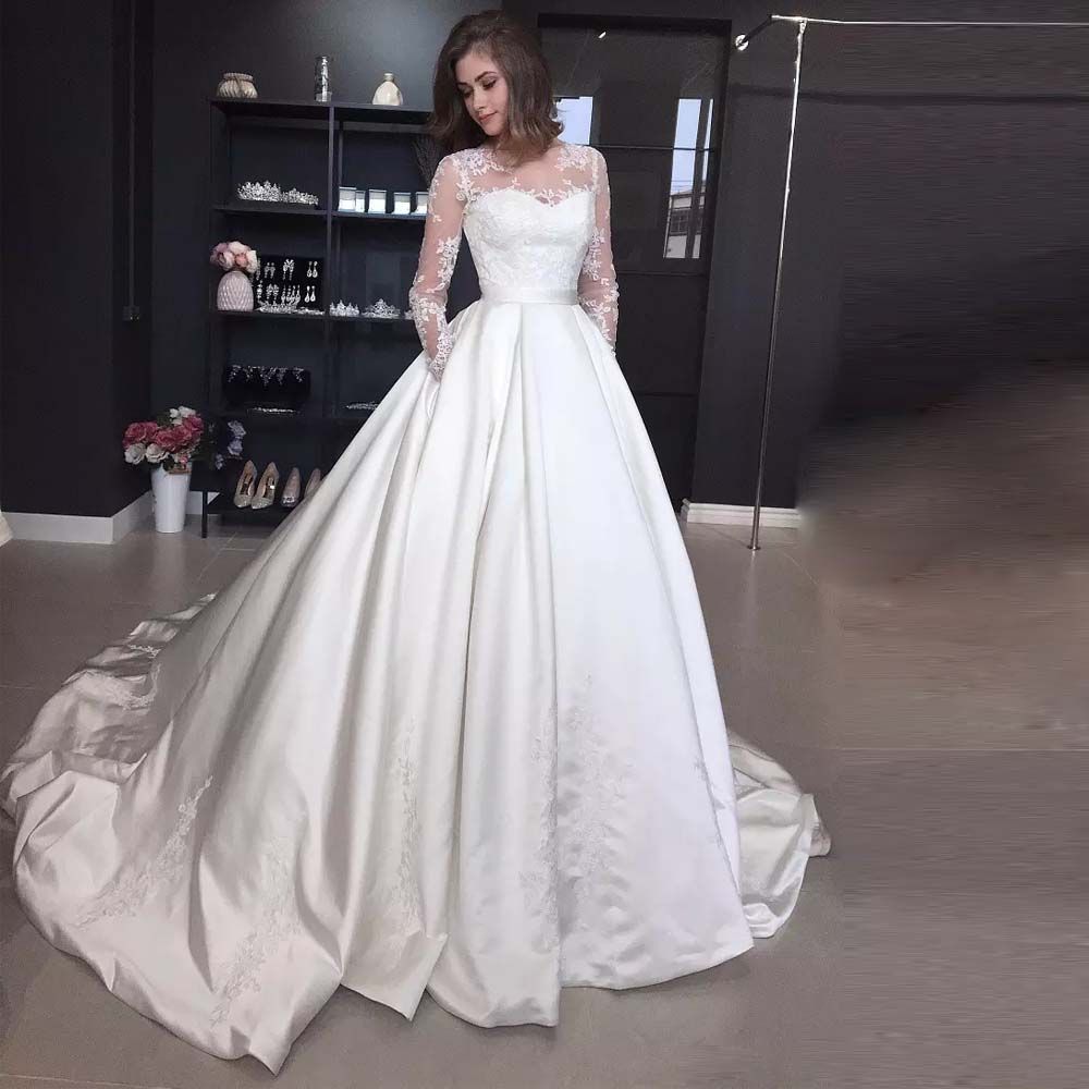 Stunning White A Line Satin Wedding Dresses Jewel Neck Lace Sleeve