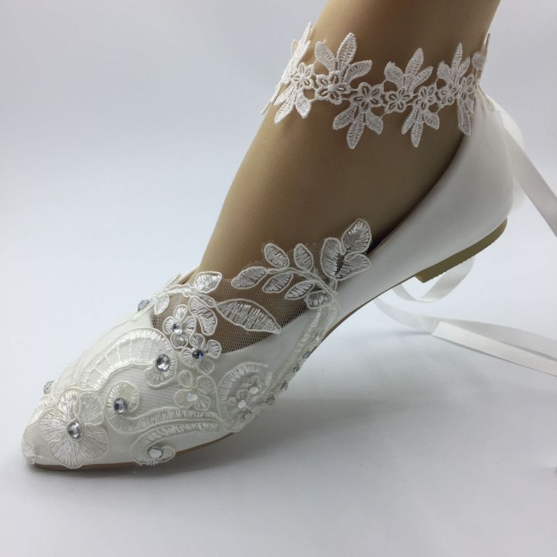 NEW Women WHITE Wedding Shoes Waterproof Lace Bride Wedding Dresses Flat Diamond Lace Manual 