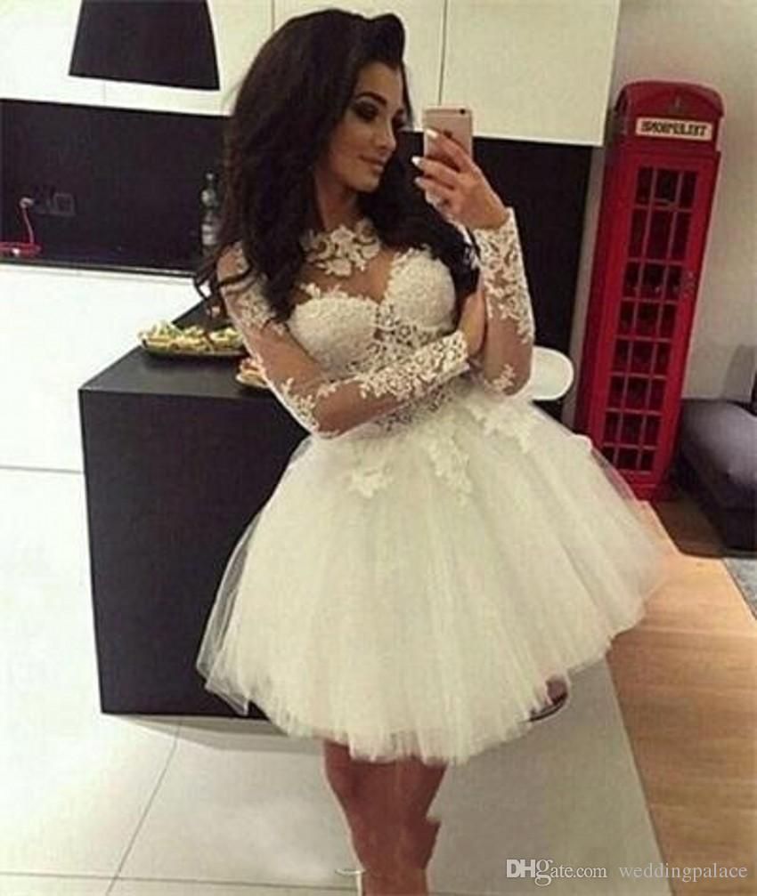 2018 Mini Short Lace Beach Wedding Dresses Ball Gown Sheer Jewel