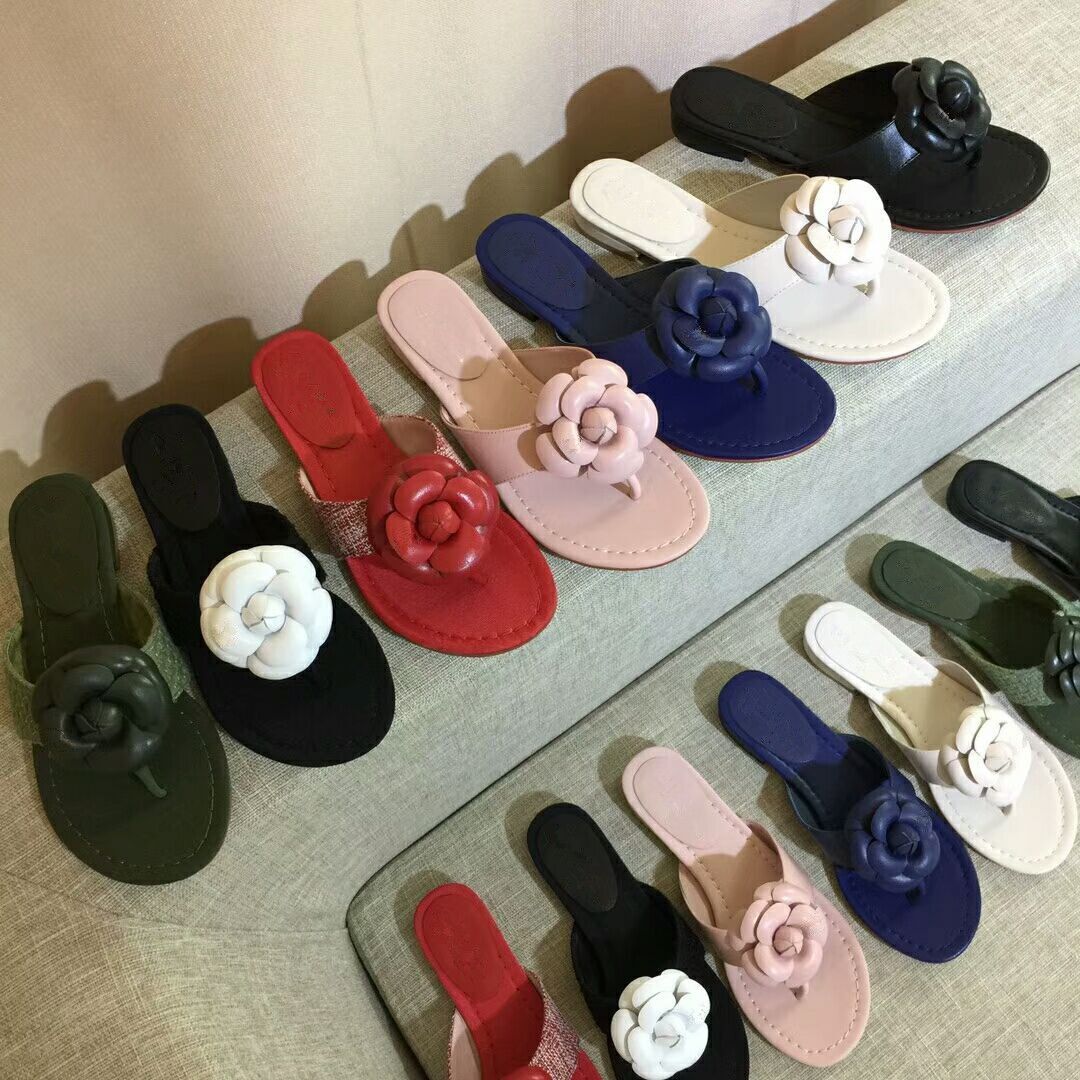 New Brand Luxury Women Leather Flowers Flip Flops Designer Flats Slides