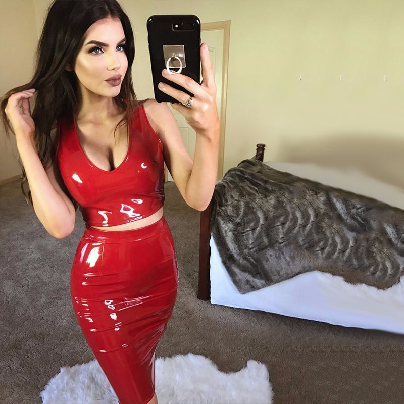 red leather two piece outfit