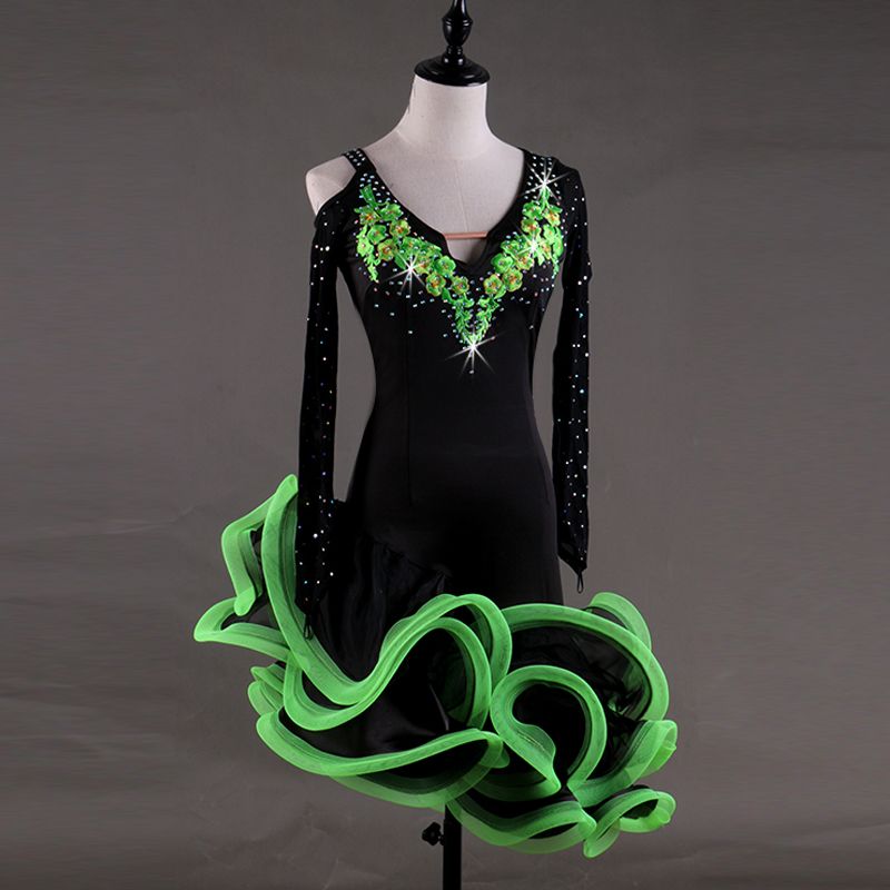 2020 Yeni Yetişkin / Çocuklar Latin Balo Elbise Yeşil Kostüm Dans Latine İçin Kadınlar / Kız Salsa Performansı Latin Elbise Giyim elbise