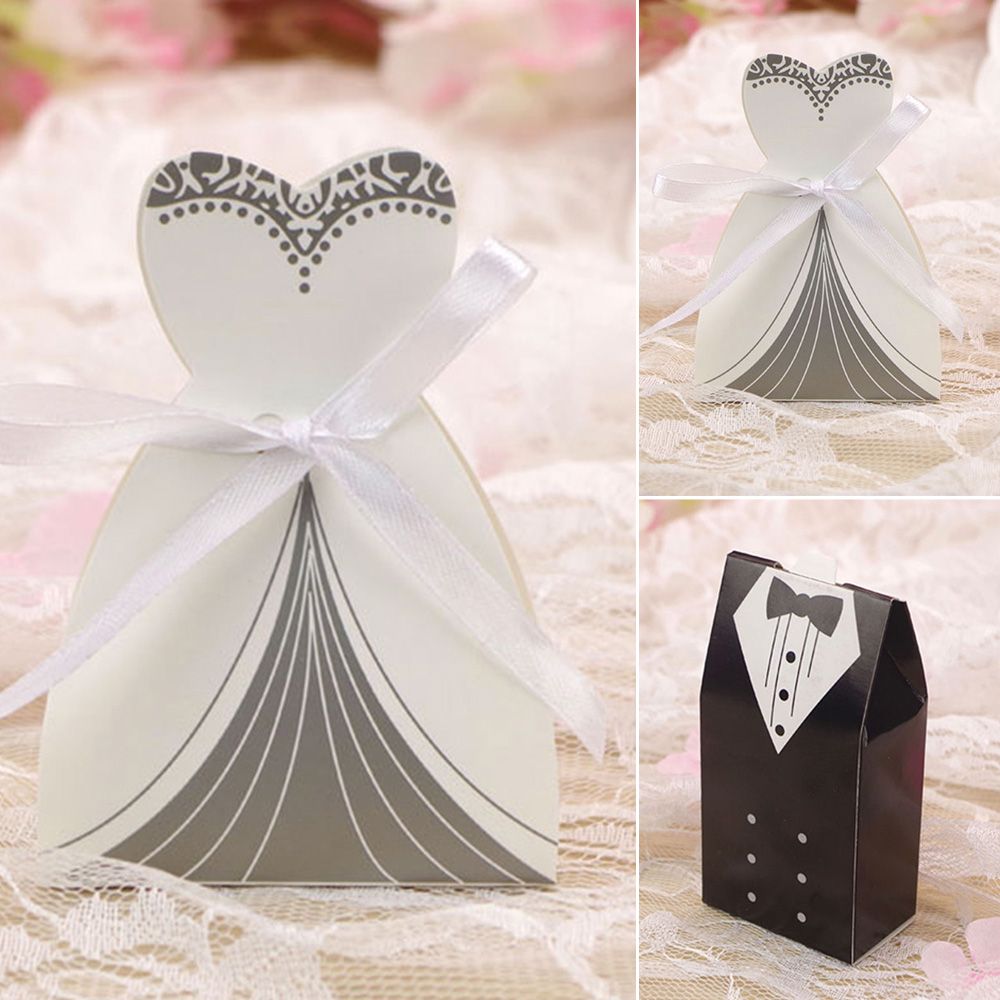 Wedding Favour Boxes Candy Gift Bag Bride Groom Dress Tuxedo Ribbons Uk