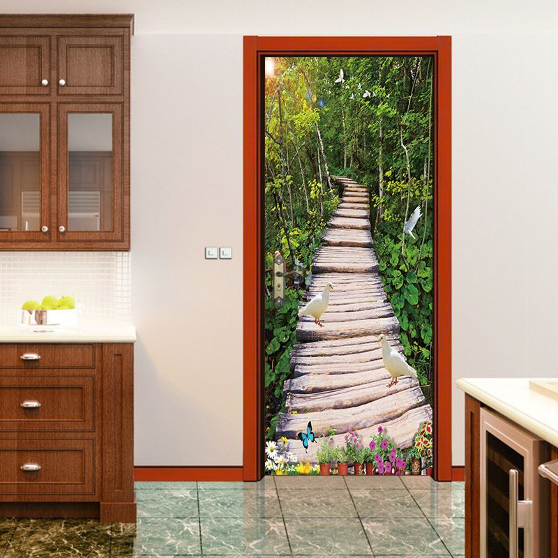 3d Forest Path Garden Alone Wooden Bridge Door Stickers Corridor Bedroom Living Room Decoration Waterproof Porch Wall Mural Wall Decals For Kids Rooms