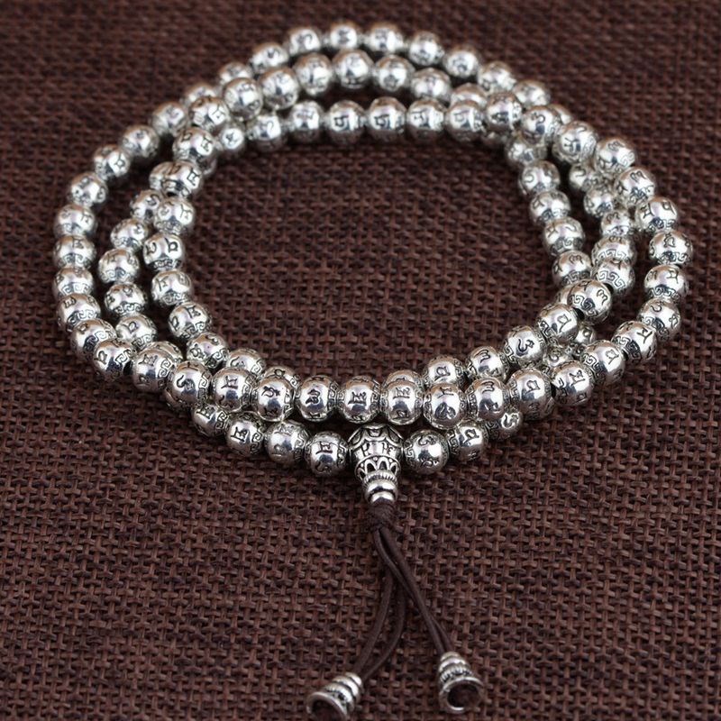 Solid 925 Sterling Silver Tibetan Mala Buddhist Om Mani Padme Hum Words Rosary 108 Prayer Beads Bracelet Bangle A2023