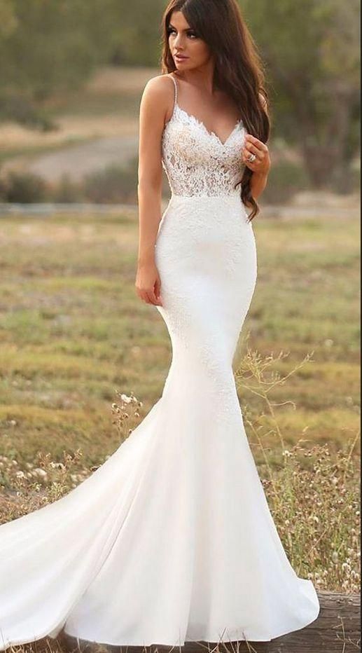Sexy Mermaid White Wedding Dresses Spaghetti Straps Lace ...