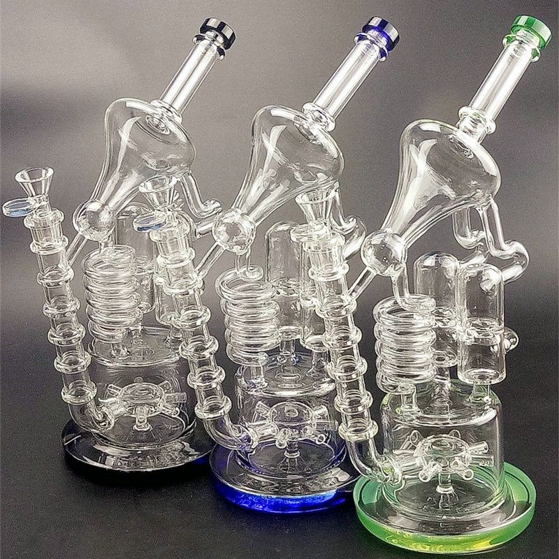 2020 Double Recycler Glass Water Bong 34cm Height With Honeycomb Perc