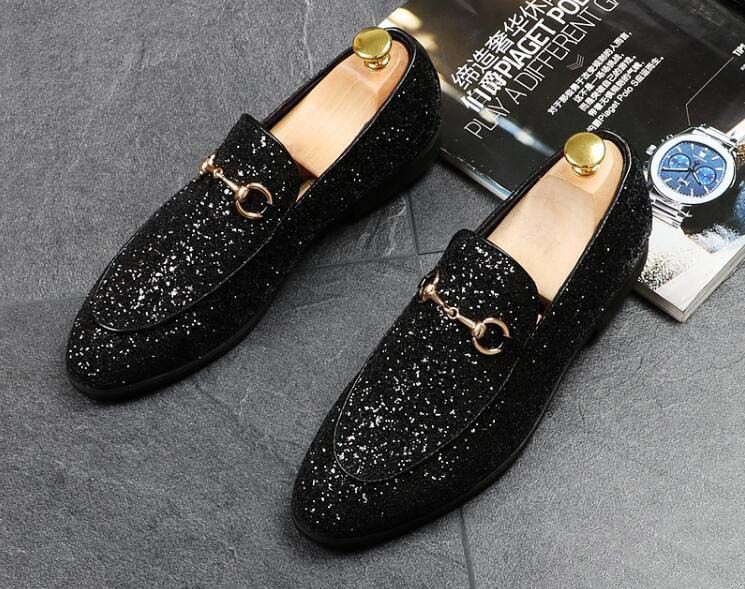 Luxury Newest Fashion Men Glitter Sequins Metal Buckle Pointed Shoes ...